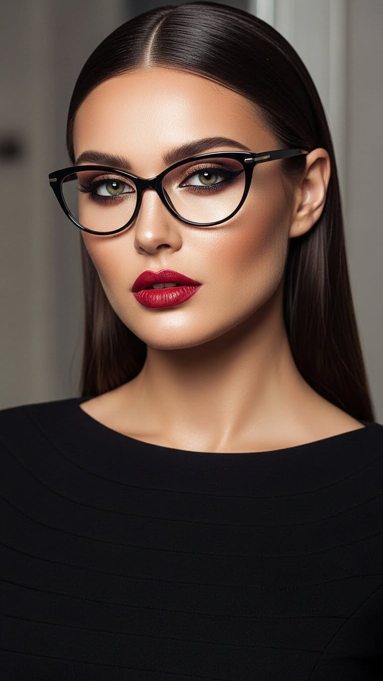 Elegant and hot woman wearing cat-eye glasses, perfectly blended eyeshadow, sharp eyeliner, glowing skin, wearing a classy fitted dress, long straight hair with center part, high-quality beauty photography