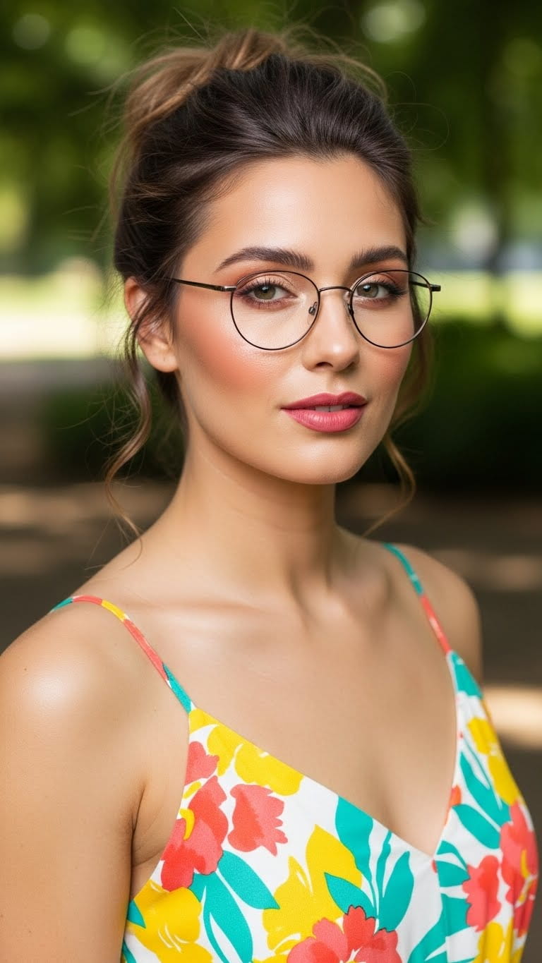 A glamorous woman with glasses, soft metallic eyeshadow, waterproof mascara, bold lips, wearing a chic hot dress, side-parted curls, luxury beauty photoshoot, realistic human face