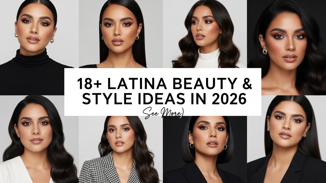 Latina woman with full glam makeup, realistic facial features, wearing a chic evening dress, confident pose, high-fashion 2026 beauty editorial style