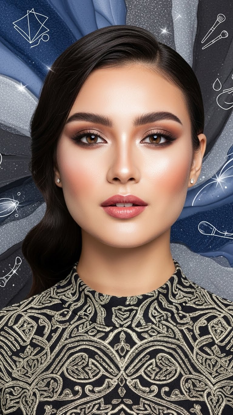 Half-body real woman, glowing oil-controlled makeup, artistic beauty design background, inspired by “Oily Skin Girls Swear by These Tips”, stylish dress, realistic photography