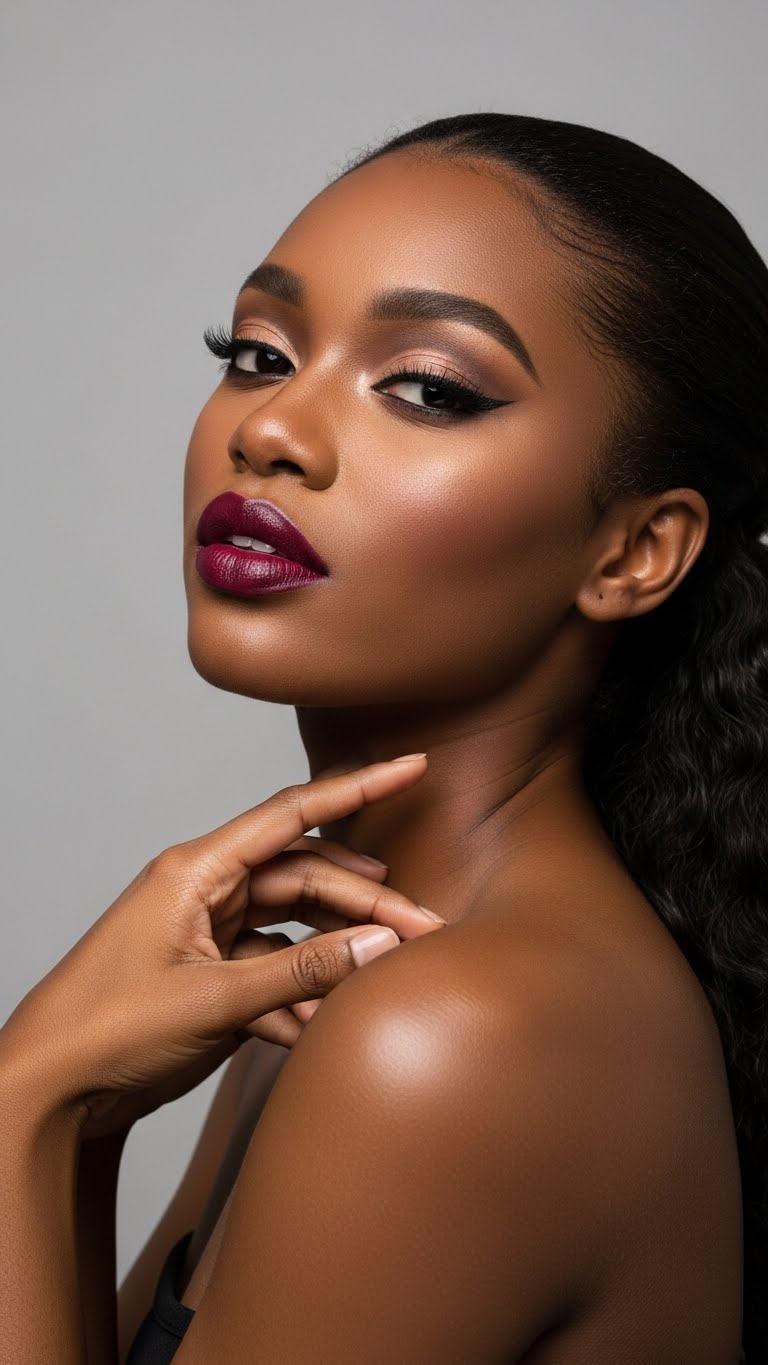Dark-skinned real woman, half-body shot, full makeup for oily skin, elegant pose, clean beauty photography