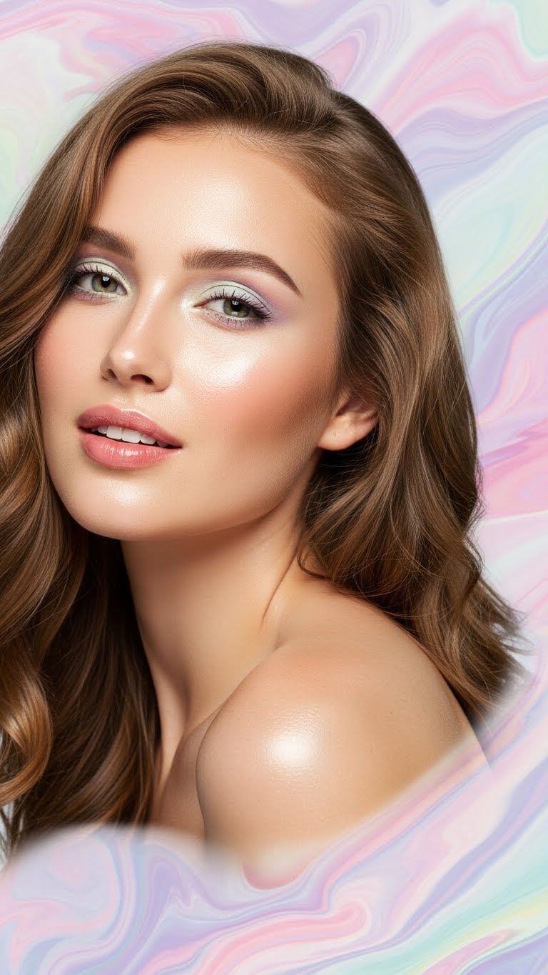 Dark-skinned real woman, half-body shot, full makeup for oily skin, elegant pose, clean beauty photography