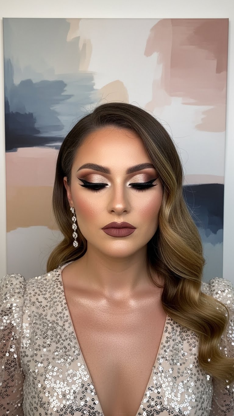 Woman with oily skin, half-body studio image, full glam makeup, stylish dress, minimal artistic background