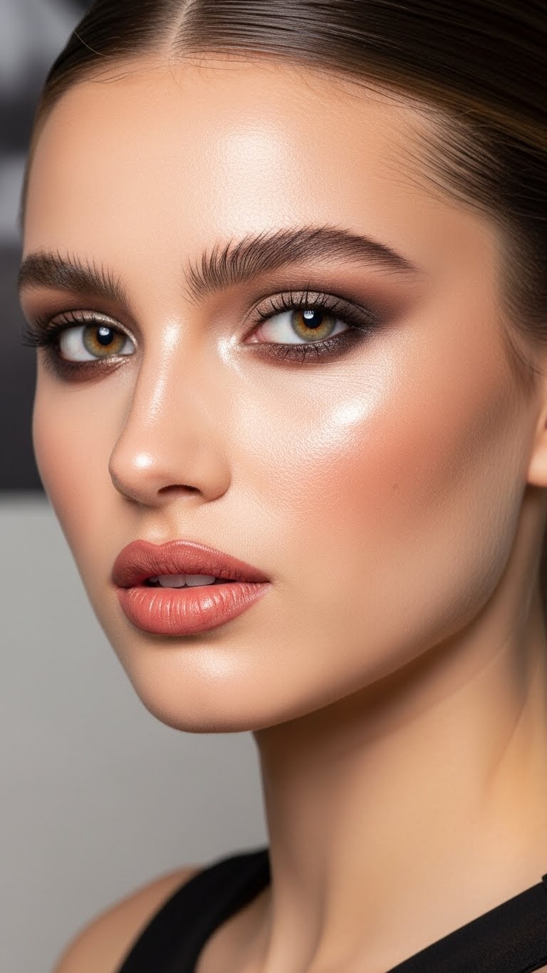 Real human girl with oily skin, half-body portrait, full makeup with soft matte-dewy balance, modern fashion dress, editorial beauty style