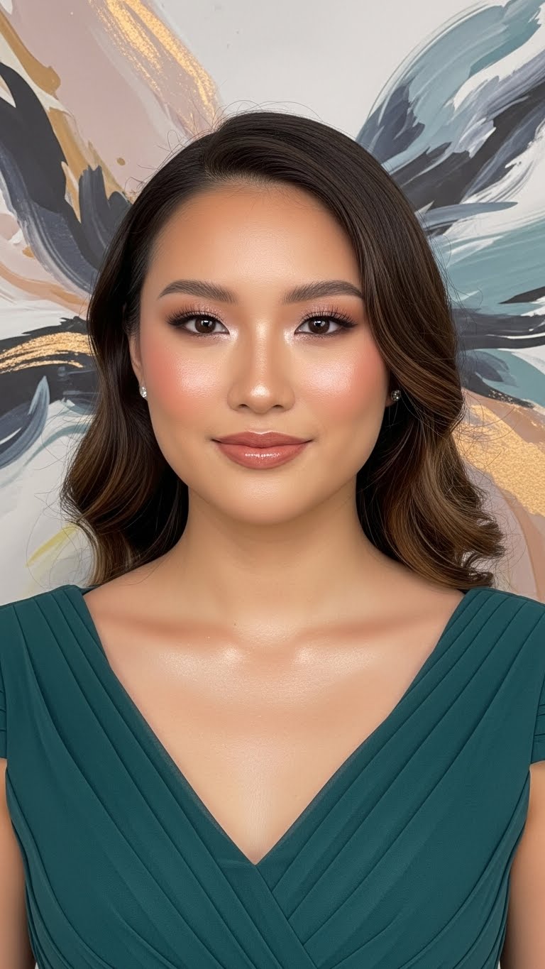 Half-body woman wearing an elegant dress, oil-free glowing makeup look, artistic abstract background, Pinterest beauty aesthetic