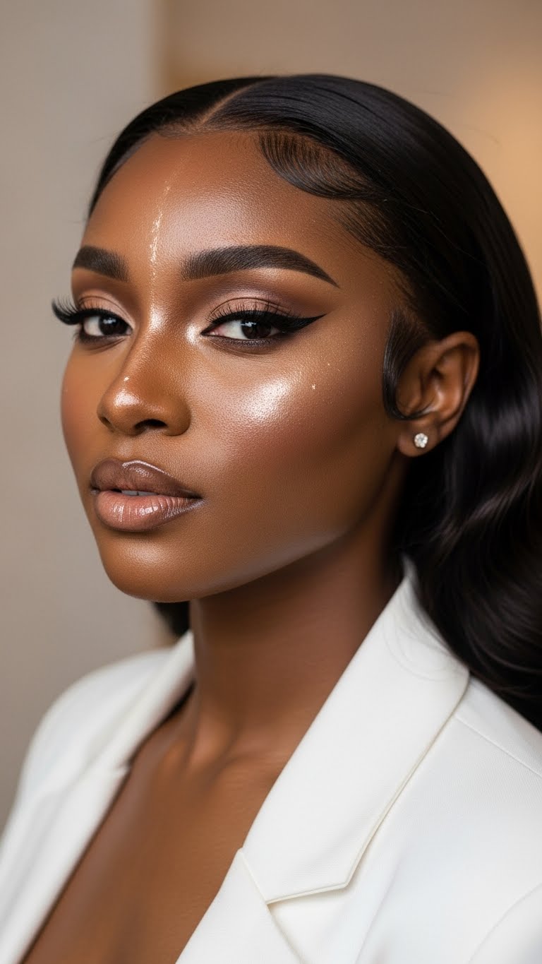 Dark-skinned woman, half-body pose, flawless oily-skin makeup, controlled shine, luxury beauty campaign look