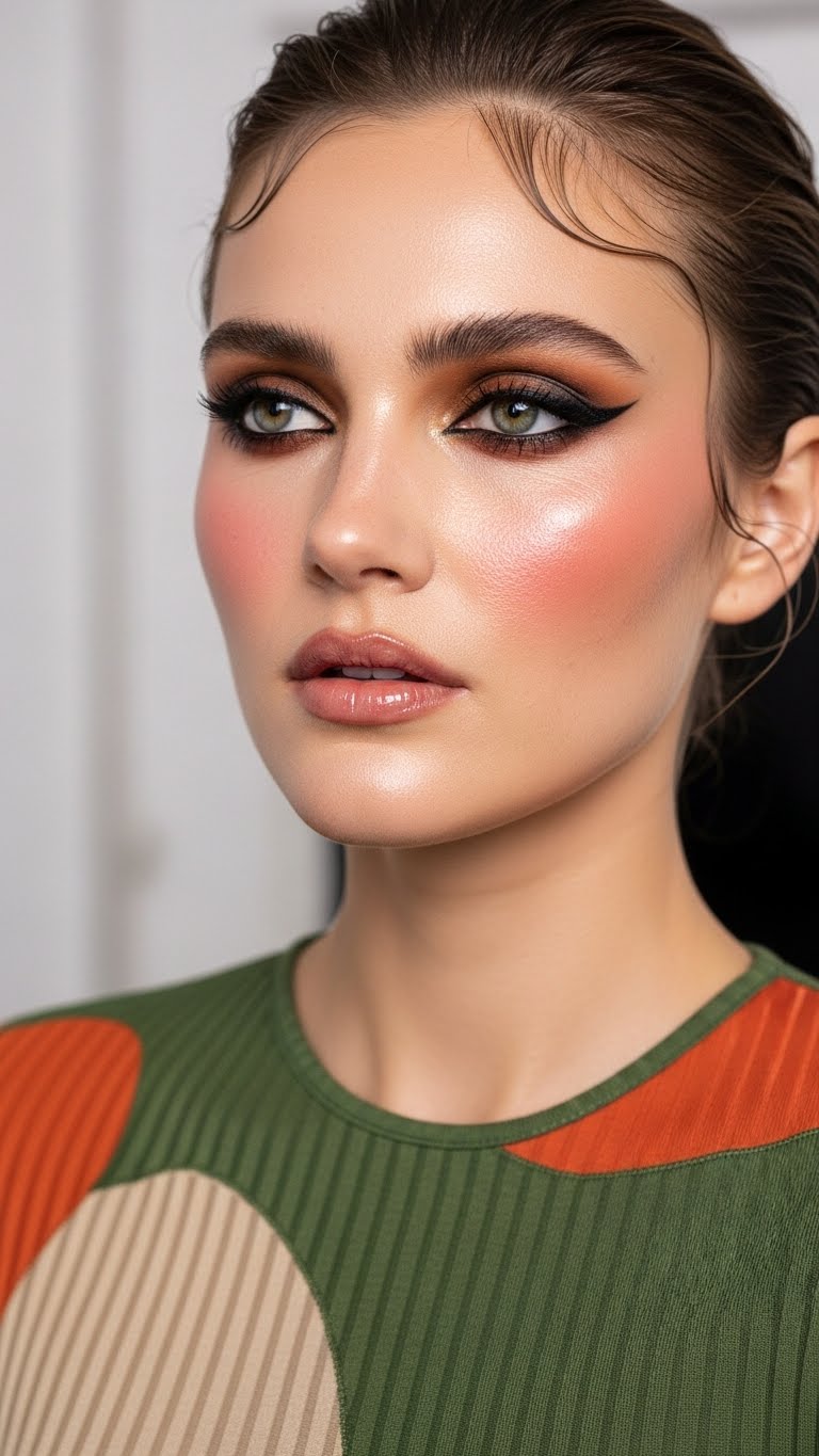 Woman with oily skin wearing a trendy dress, full makeup look, realistic facial features, modern beauty editorial
