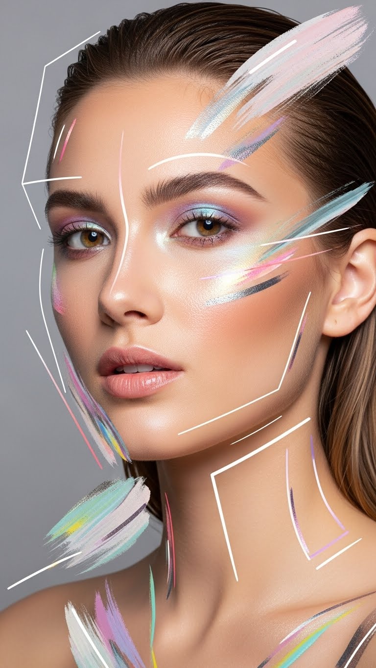 Half-body real woman, glowing but shine-controlled makeup, artistic graphic elements, fashion-inspired beauty image