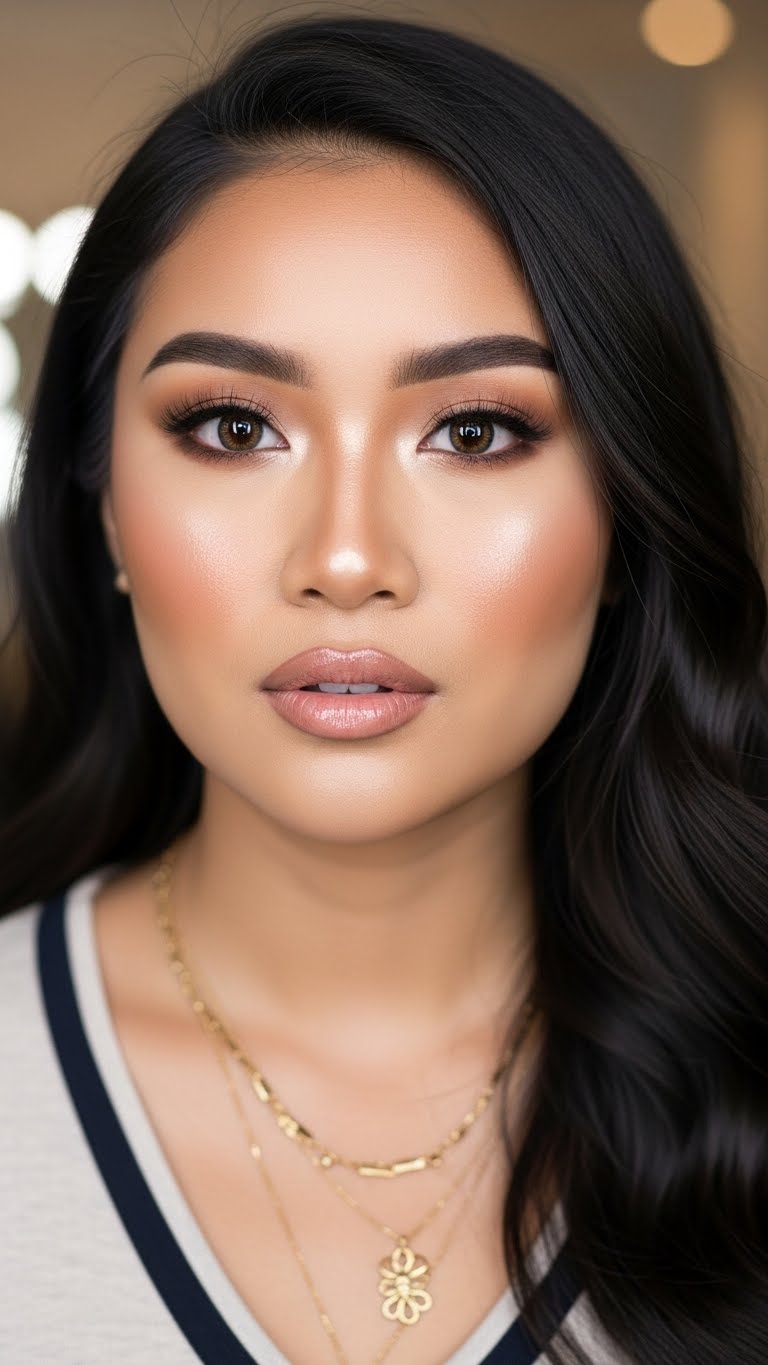 Oily-skin girl, half-body portrait, smooth foundation, soft contour, stylish outfit, Pinterest-ready beauty photo